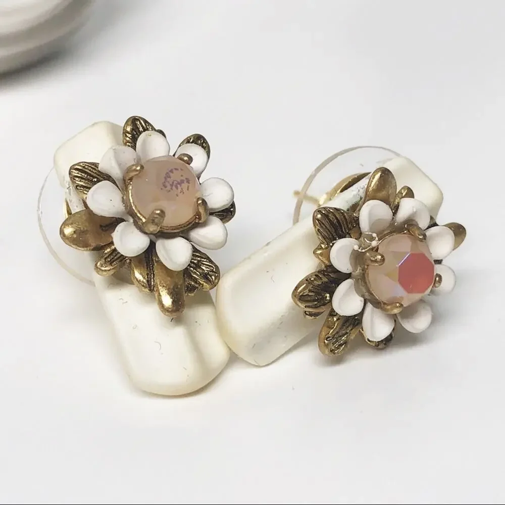 Upcycled J. Crew Tan & White Flower Stud Earrings